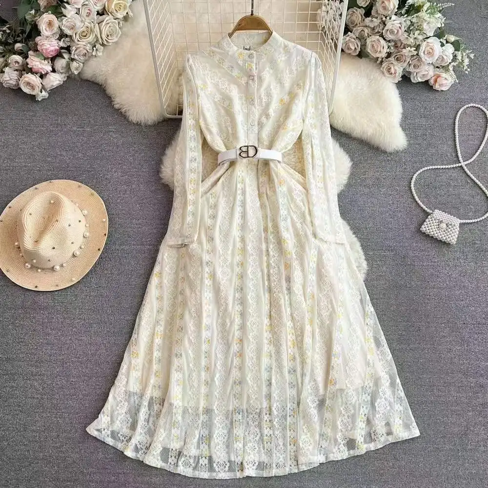 Newest  Autumn Season Casual Style  Single Breasted surface Beaded Fashion Guipure Lace Solid Color  Long Woman Dress