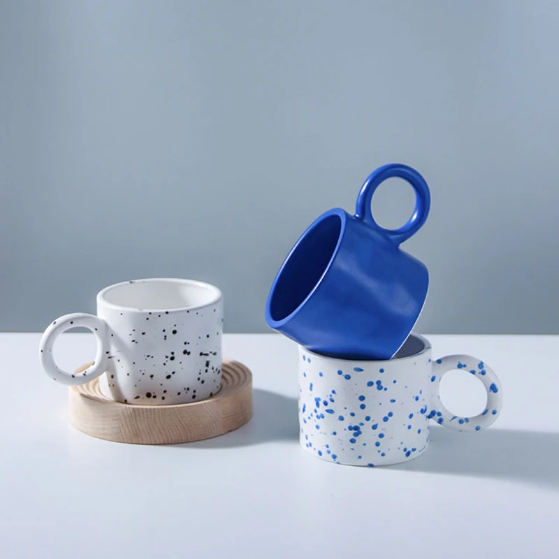 
Custom unique speckled coffee cup mug splash ink mug nordic ceramic mug with big ear handle 