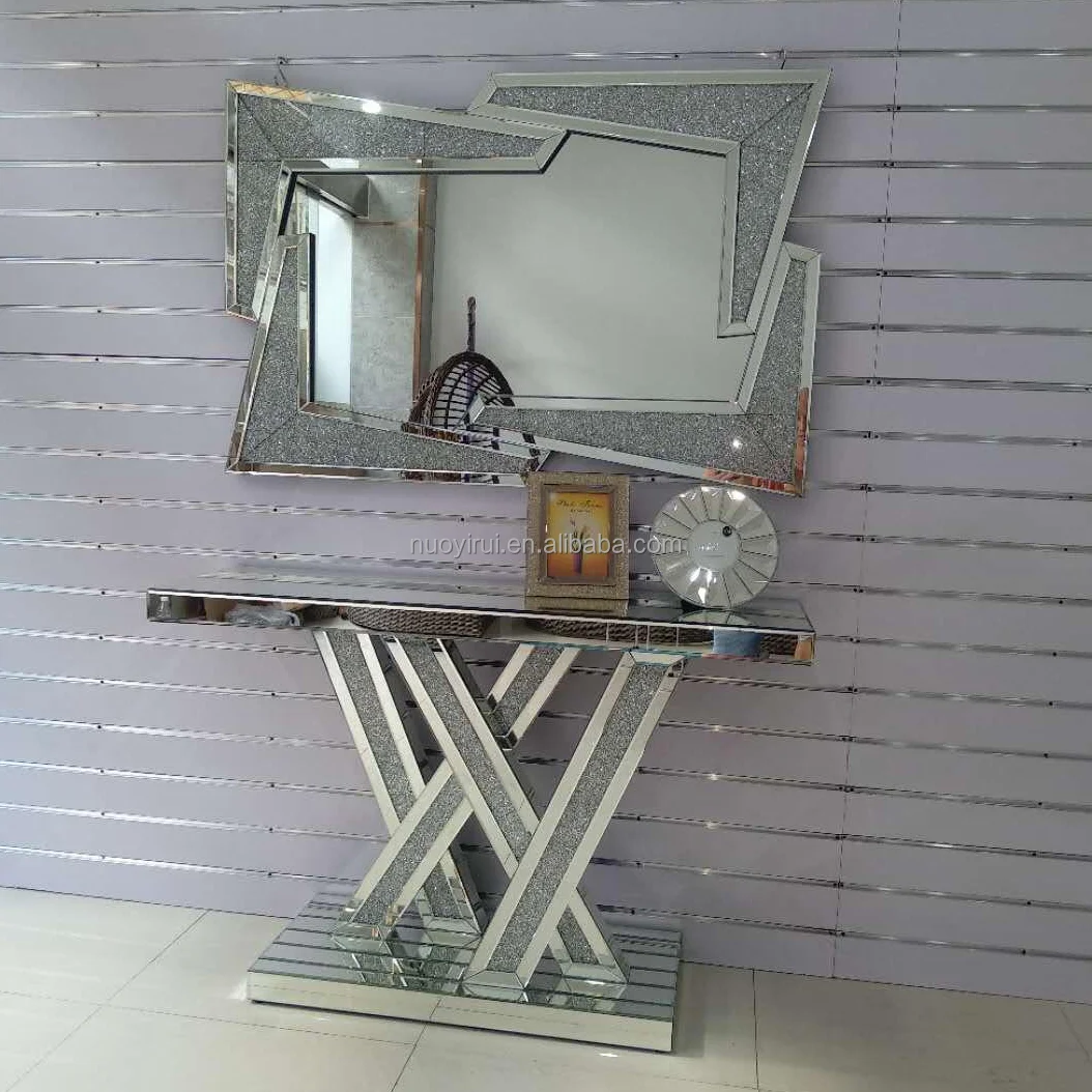 Modern Luxury L V Shape Gold And Mirrored Glass Console Table With Square Mirror Set Sideboard Vintage