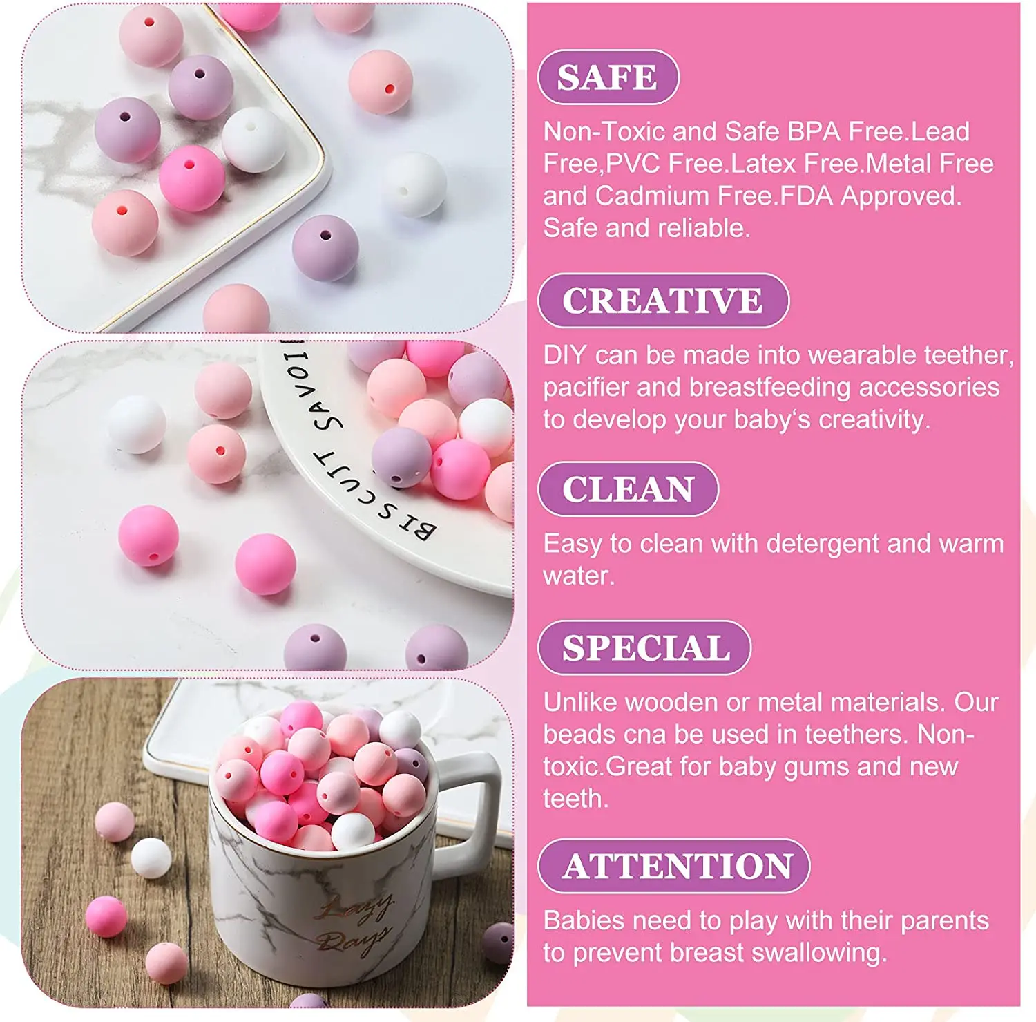 Promise Babe Round Silicone Beads Mix Color Silicone Teething Beads 15mm  DIY Supplies BPA Free