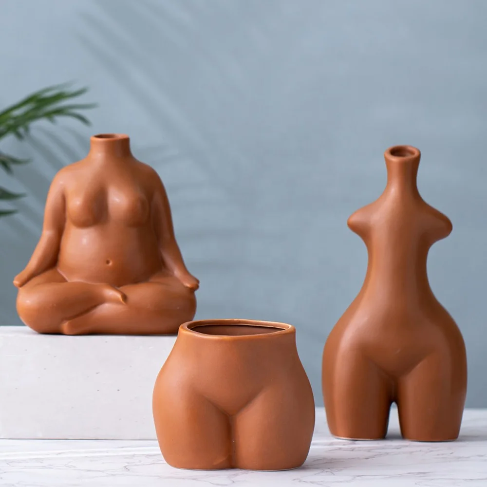 Modern Frosted Design Women Bust Colored Ceramic Vase  Porcelain Art Body Vase