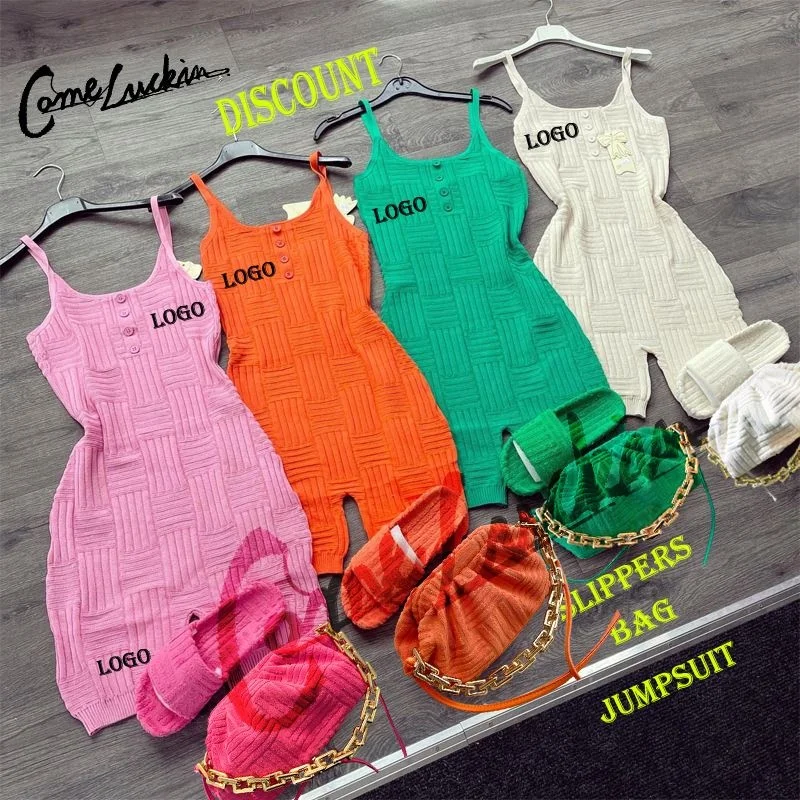 Women Set Spaghetti Towel Jumpsuit & Towel slippers & bag Knit Elegant Bodysuit Women One Piece Short Jumpsuits And Rompers