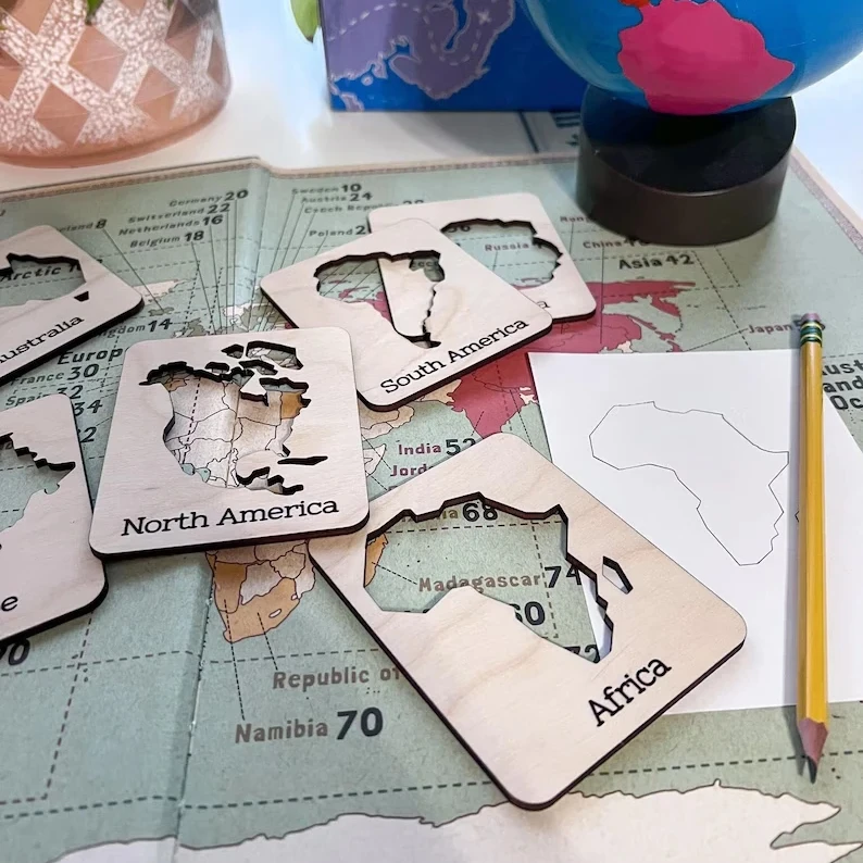 Montessori Continents of the World Stencils for Preschool Kindergarten Home School geography matching cards