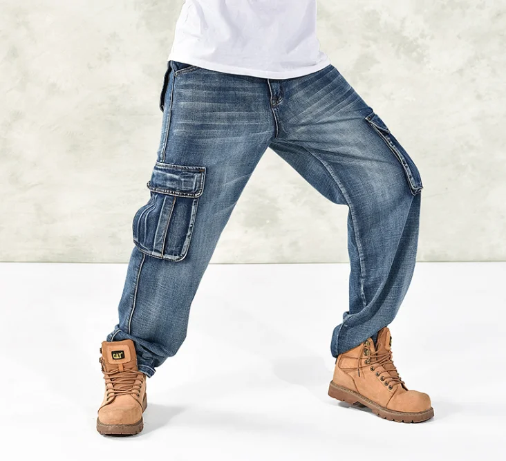 High quality plus hip hop loose fit baggy pants multi-pocket boys jeans big side pockets denim cargo pants men