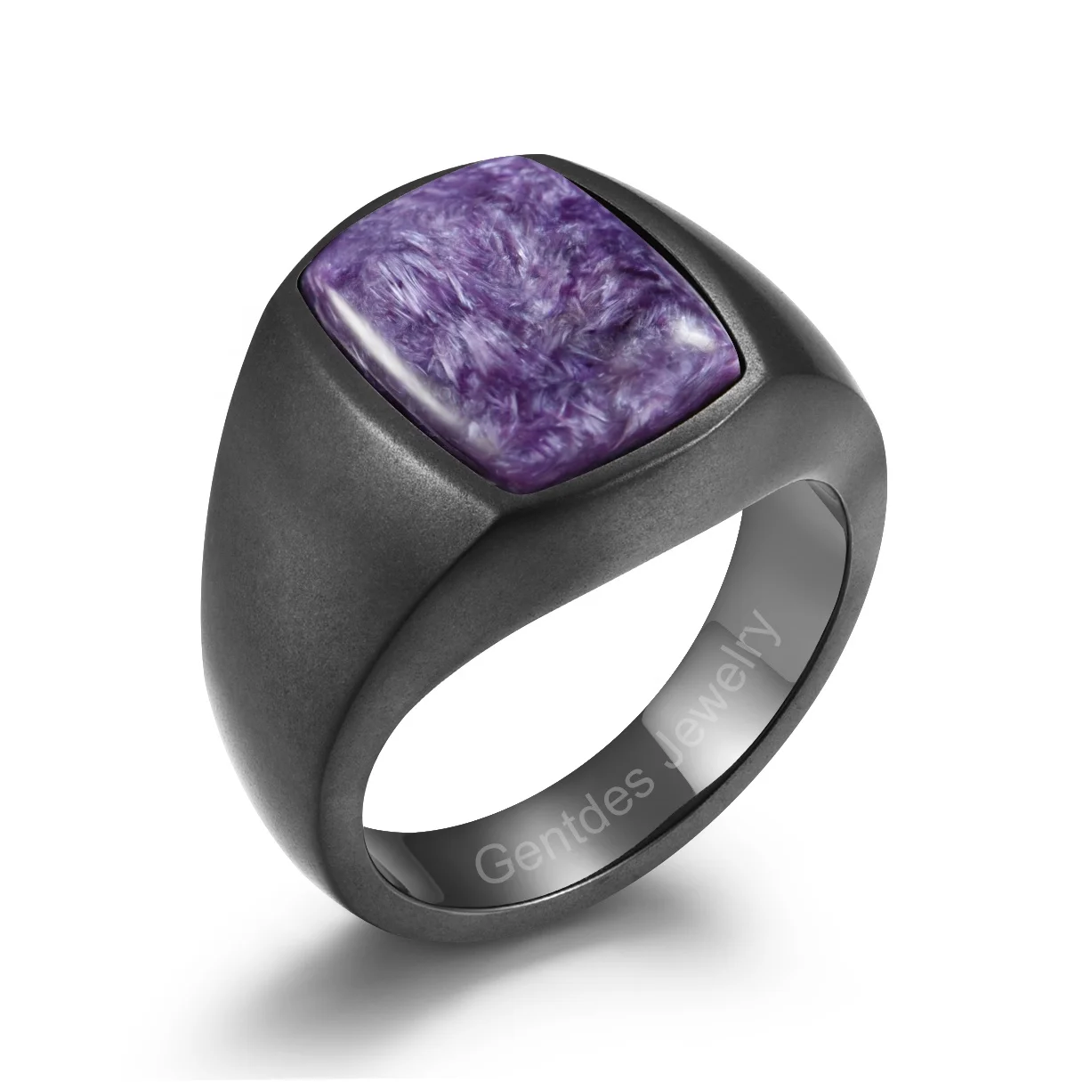 Gentdes Jewelry Custom Black Square Shape Stainless Steel Titanium Ring Inlay Charoite Beads Stone Signet Rings For Men