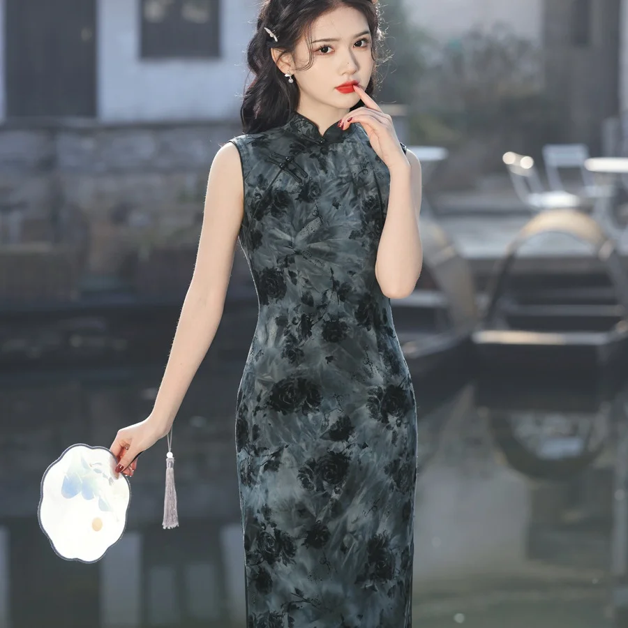 Черное традиционное китайское платье Mujer Vestido женское атласное мини Ципао Cheongsam с цветком Размер S M L XL XXL