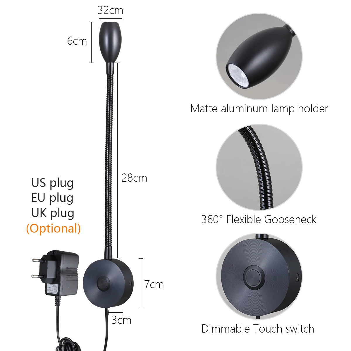 Bedside LED Reading Light Flexible Gooseneck Wall Lamp, Headboard Wall Mount Dimmable Book Light with Plug-in Power Adapter