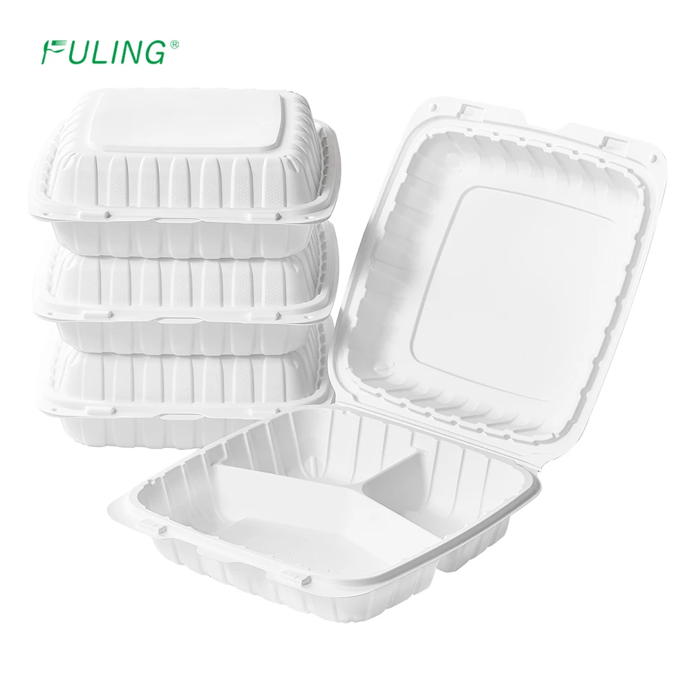 FULING To Go Containers 3 Compartment Clamshell Food Containers 9 Inch Plastic Microwave White To Go Boxes with Hinged Lids