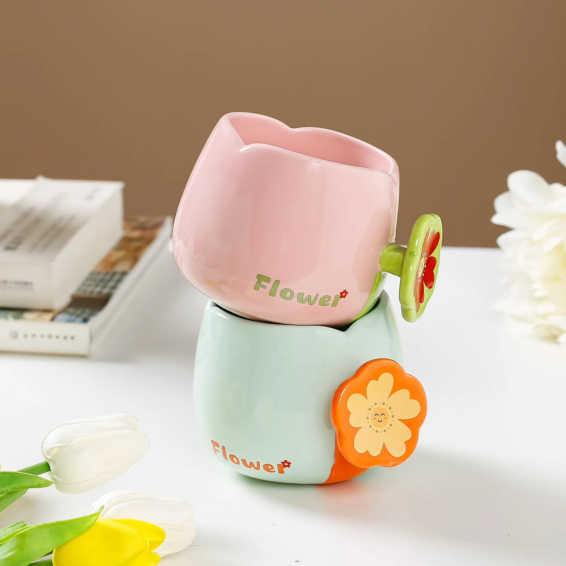 Custom gift Nordic  high-value ins style ceramic flowers coffee cups and mugs