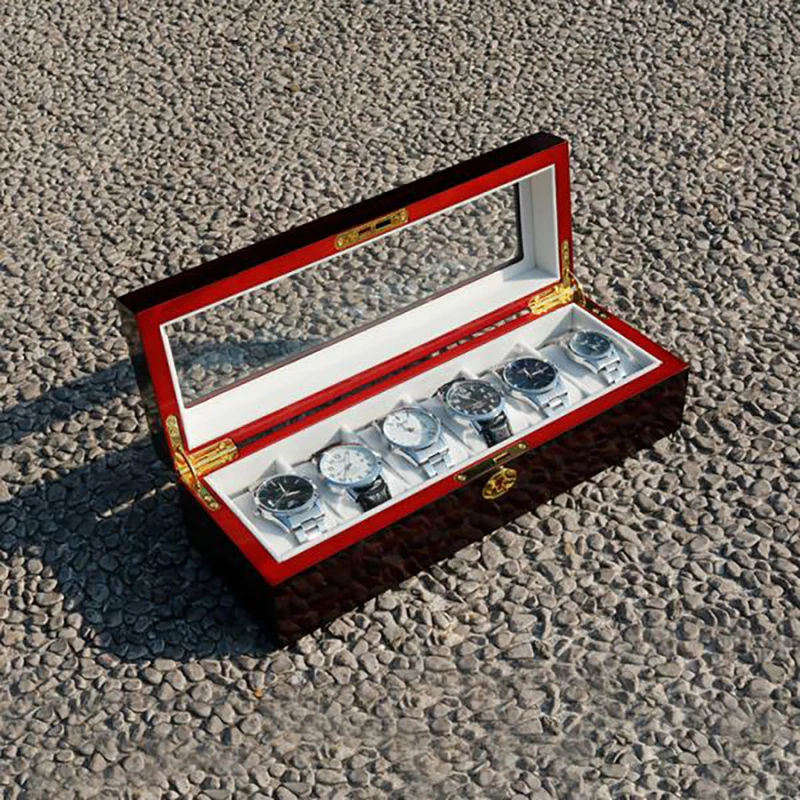 Luxury Dark Red Wooden 6 Slots Watches Display Box Golden Lock Wrist Watch Organizer with Glass Window