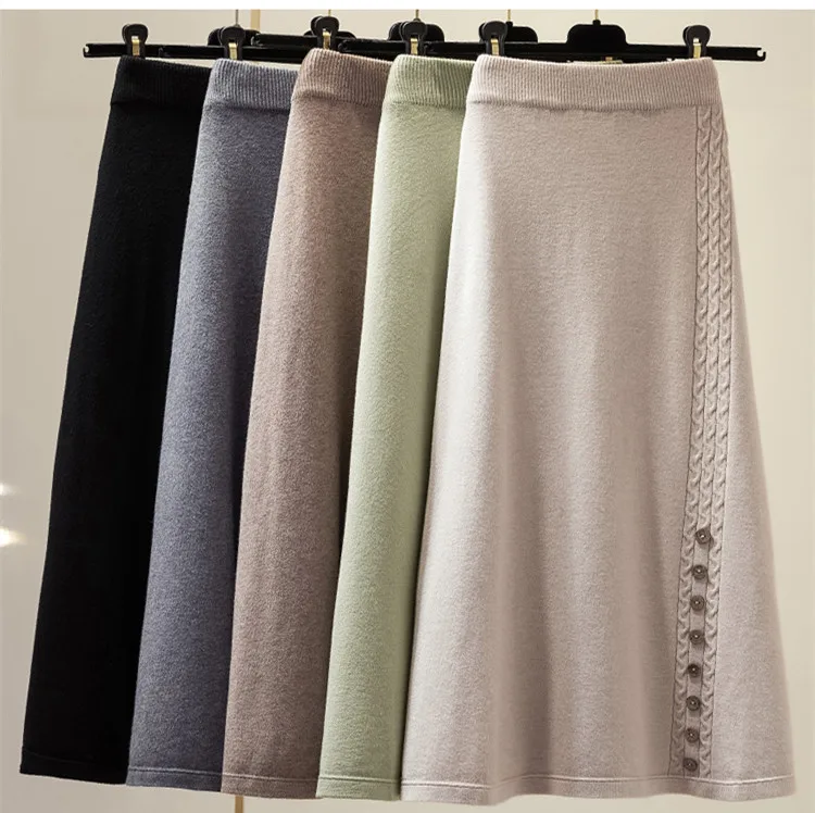 
Winter Thickened Rib Knitted Large Swing Maxi Long Skirts Elegant Solid A-line Pleated Ankle Length Knit Skirts Coffree Beige 