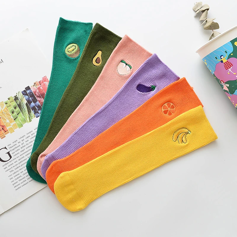 Cute Eggplant Avocado Kiwi fruit Orange Banana Peach pattern Baby Socks Combed Cotton Ribbed Cartoon Knee Length Socks for Kids