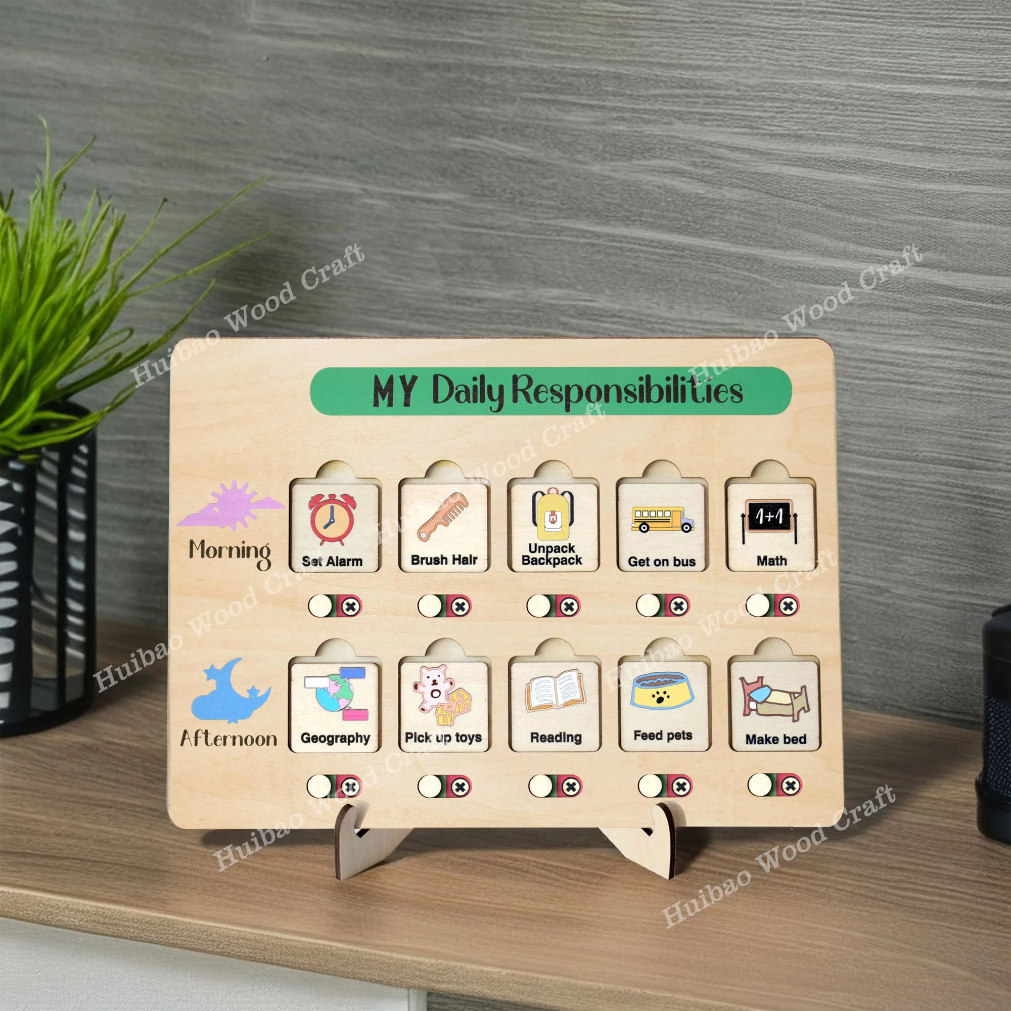 Reusable Daily Routine Organizer Board Interactive Chore Weekly Household Task Chart Wood Kids Responsibility Tracking