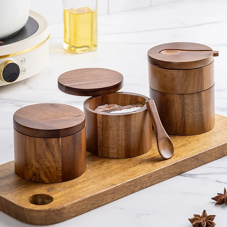 Acacia Wood Round Salt Cellar Kitchen Spice Box Holder with Swivel Cover Wooden Sea Salt Pepper Storage Container with Spoon