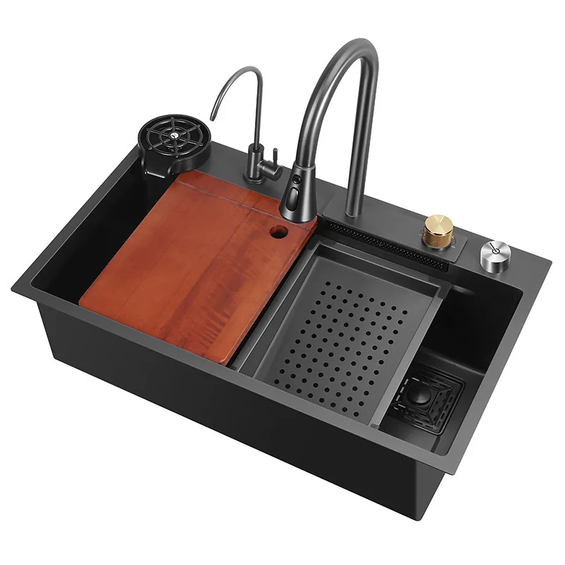 GEE-N European Large S.S Single Bowl Black Desk Control Glass Rinser Waterfall Kitchen Sinks for the Kitchen