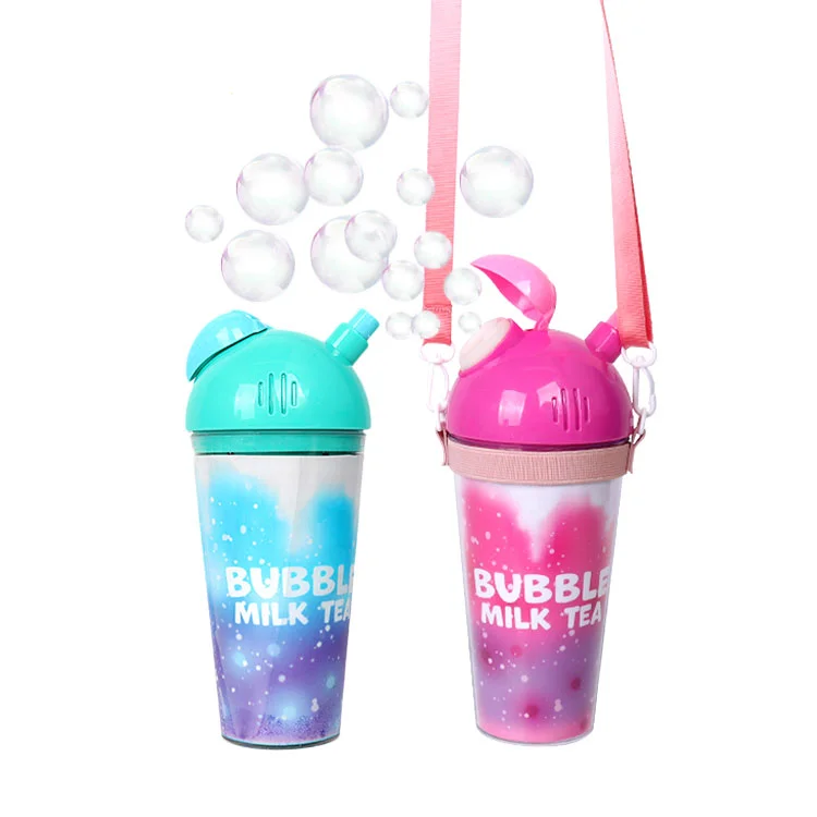 Wholesale children plastic milk tea cup bubble machine outdoor toy bubble blower kids toys music and light