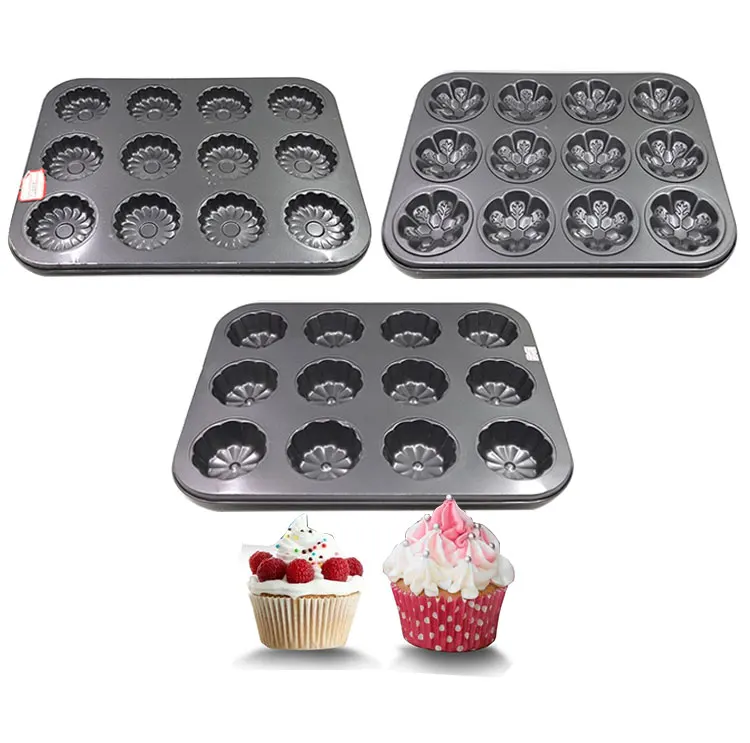 
High Quality Non Stick Non-Stick Flower Snow Custom Black Bakeware 12 Cup Muffin Pan Square Christmas Cupcake Baking Tray 