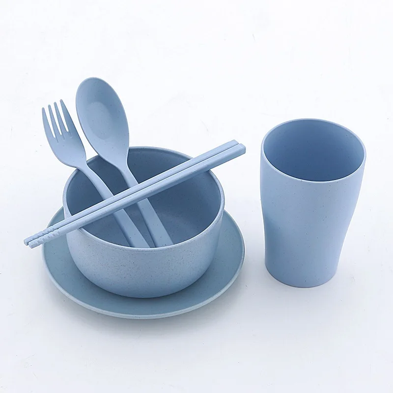 Wheat straw tableware 6-piece set suit bowl dish plate Cup outdoor travel portable spoon Fork gift tableware suit