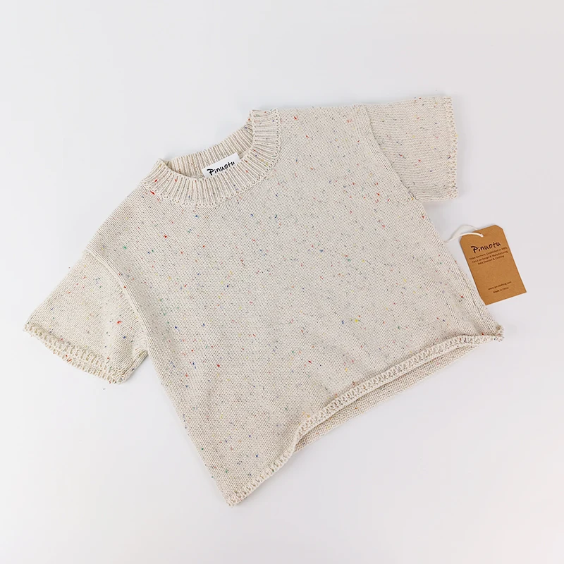 Paleo Baby Knitted Custom Sprinkle Organic Cotton Short Sleeve New Born Baby Knit Sweater Summer Tees Kids Clothing