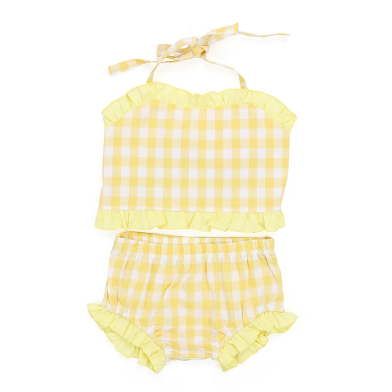 wholesales children girls baby clothes woven plaid 2pc swimsuit girls cotton swimwear