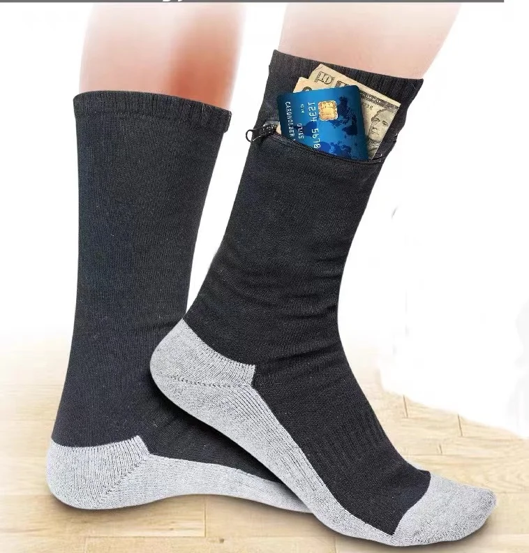Mens Black High Quality Custom Socks With Zipper Pocket Crew Solid Color Pocket Socks