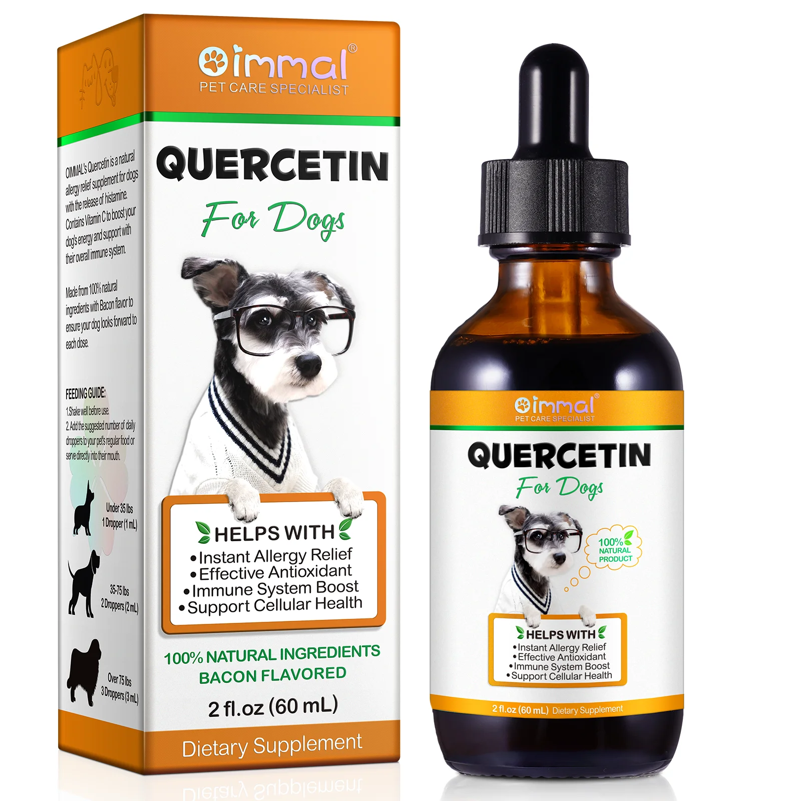 Oimmal Bacon Flavor 60ml Liquid Pet Supplement Quercetin Immune System Boost Quercetin for Dogs Instant Allergy Relief