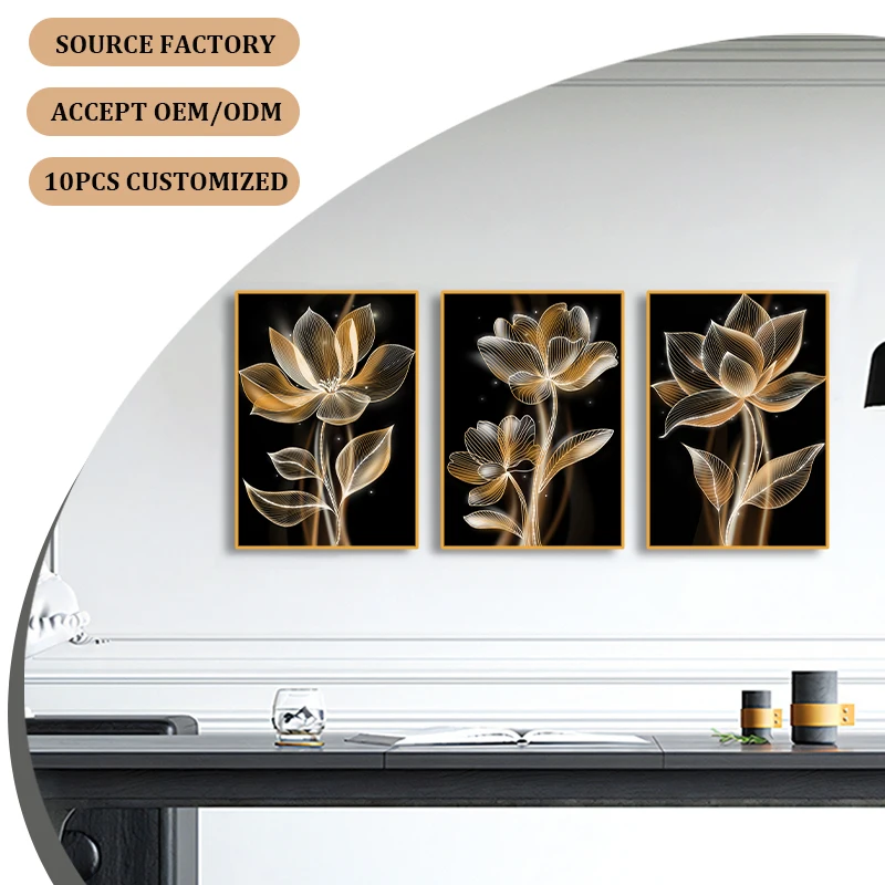 New Customized Original Black Flowers Canvas Painting Abstract Golden Flower Canvas Posters And Pictures For Wall Art Decor