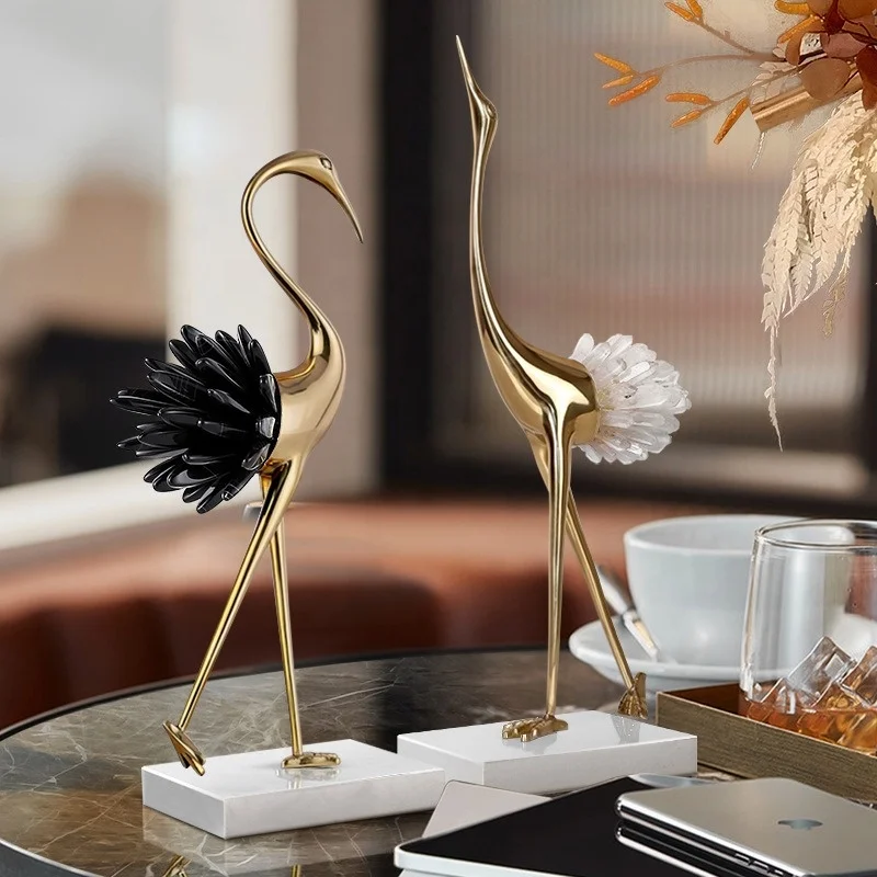Light Luxury Brass Crystal Crane Animal Sculpture Desktop Ornament Living Room Decoration Home Decoration Housewarming Gift