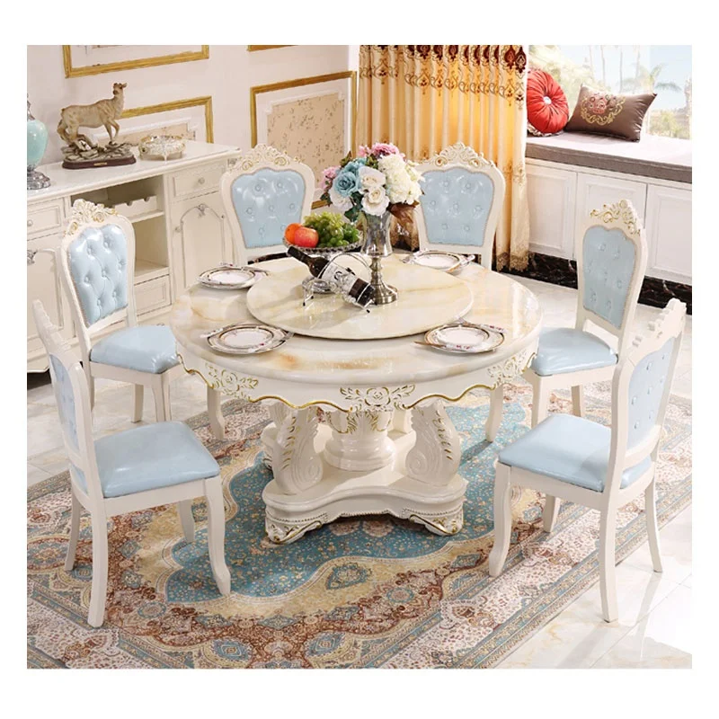 
Modern Luxury Beautiful Solid Wood Furniture 6 Seater Chiars Carve Marble Round Dining Table Set 