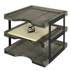 Multi purpose 3 tiers vintage gray metal document wood desk organizer