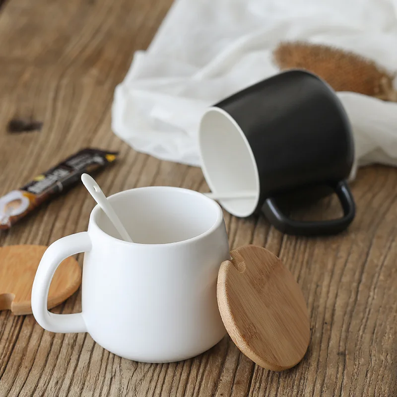 High quality white black coffee tea ceramic mug personalized 400ml ceramic coffee mugs with lids and spoon