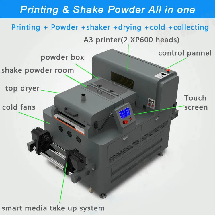Factory New A3 30cm PET Film DTF Printer  XP600 with Powder Shaking Dyer Machine All in One