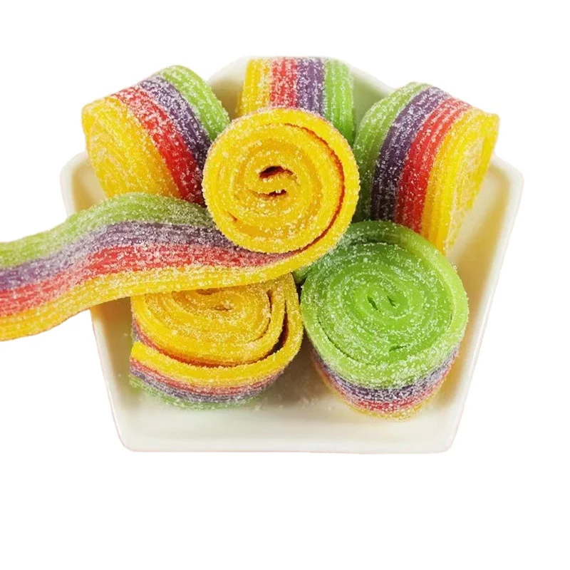 New product colorful gummy candy roll OEM Custom Personal label fruit tape measure soft sweets sour gummy candy roll