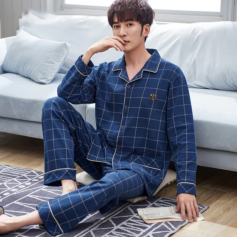 
2PCS Pajamas Men Cotton Long-sleeved Suit Plaid Large Size Sleepwear 