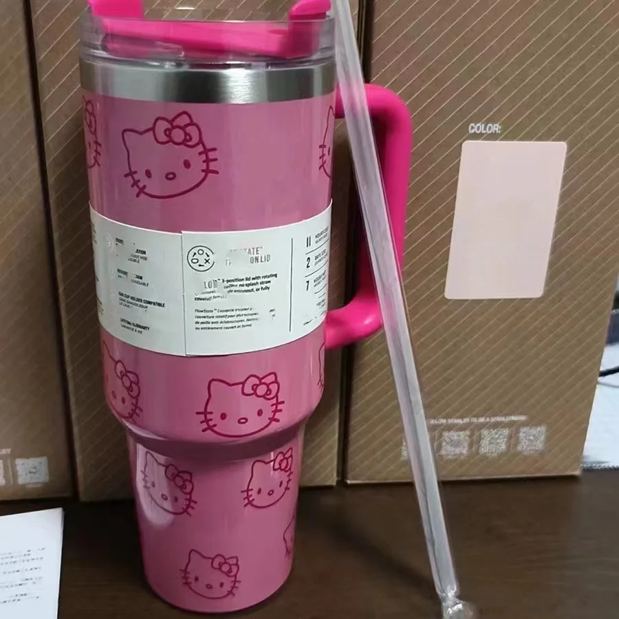 40 oz Stainless Steel Pink Cat Print Tumblers American Style Coffee Mugs with Lids for Travel
