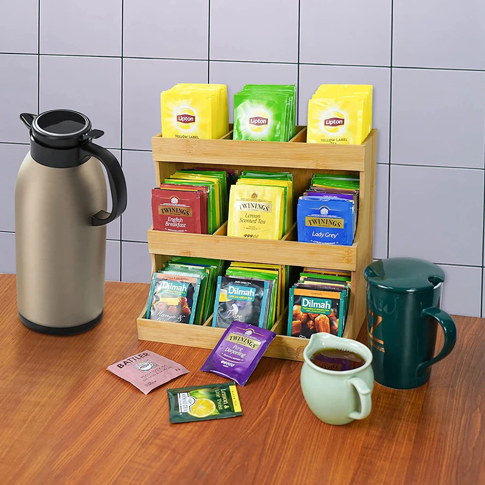 Kitchen Bamboo 3 Layer Tea Bag Organizer Storage Holder