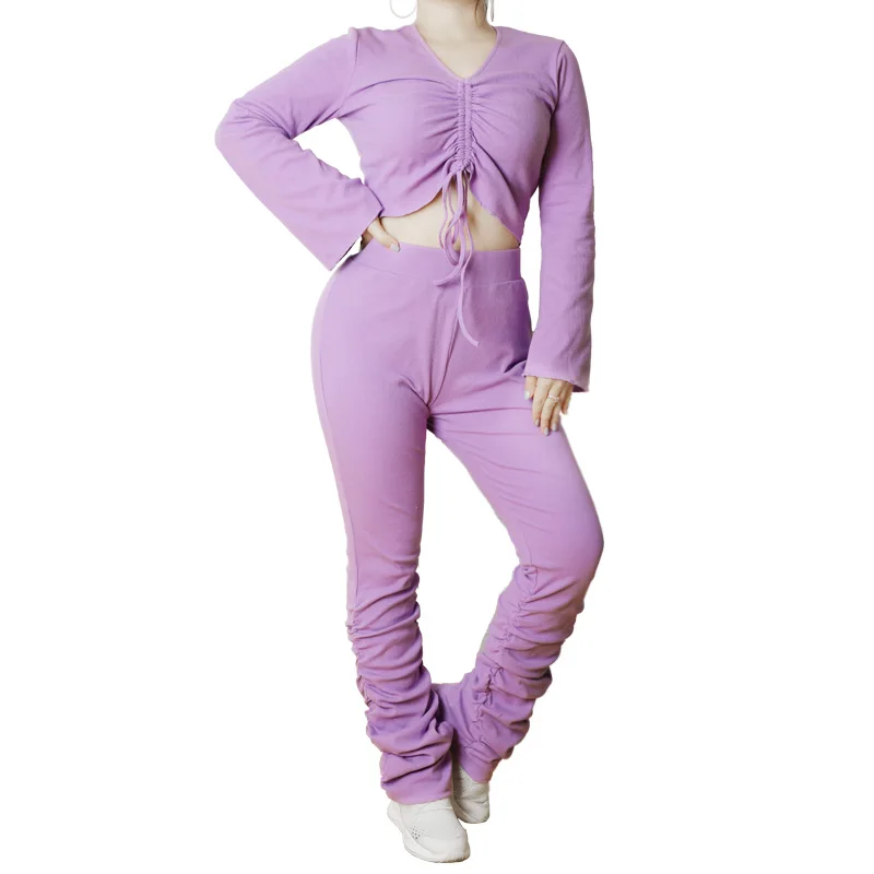 Custom Logo Solid Color Elastic High Waist Pleated Drawstring Casual thick Women Sweatpants Stacked Pants