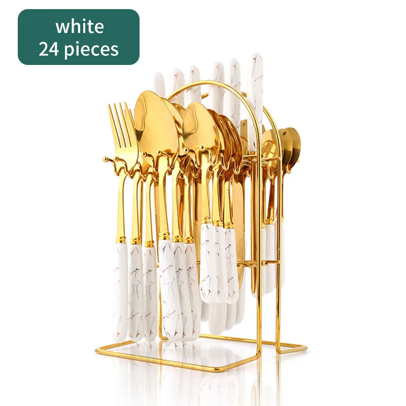 24pcs Gold Flatware Set Marble Ceramic Handle Cutlery Set Stainless Steel Spoon Fork Knife for Gift