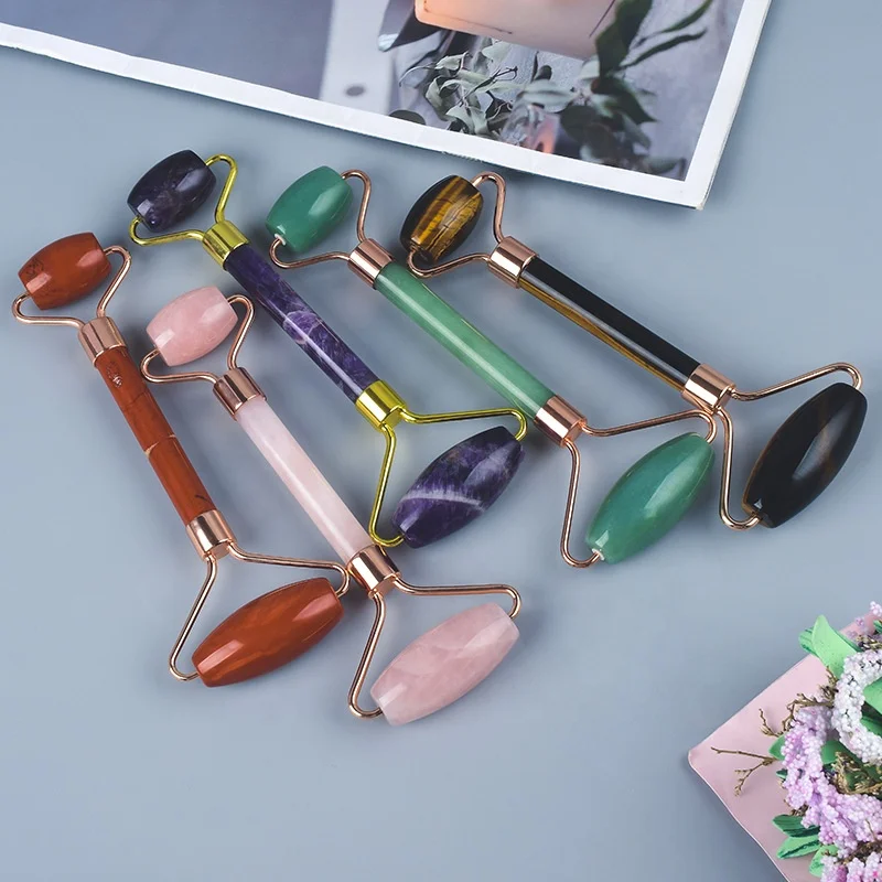
Oem Private Label 100% Natural Beauty Roller Jade With Packaging Face Body Massager Stone Gua Sha Board Wood Handle Jade Roller 