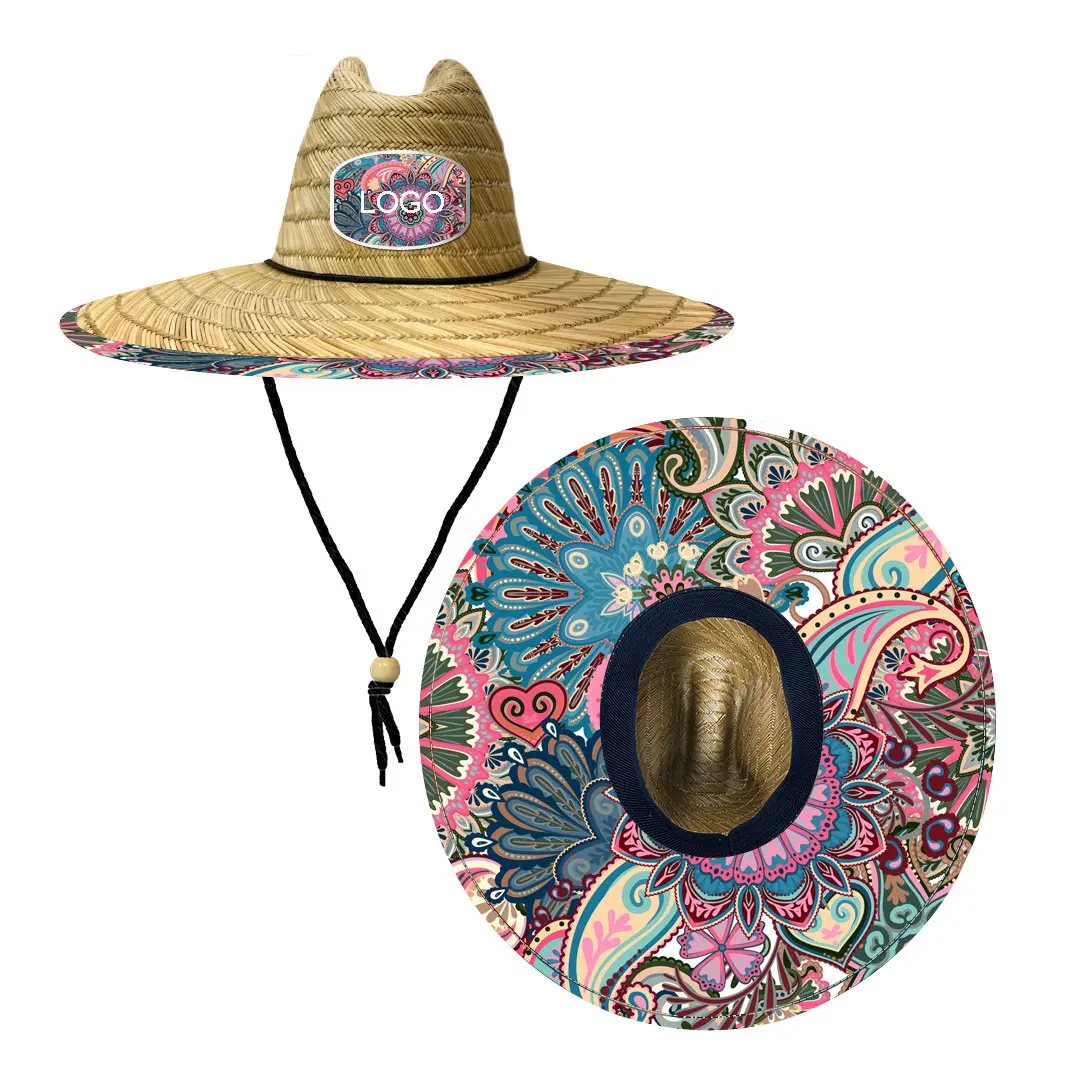 High Quality Custom Printed Logo Designer Summer Beach Straw Hats Lifeguard Surfing Sun proof Wide Brim Straw Beach Hat