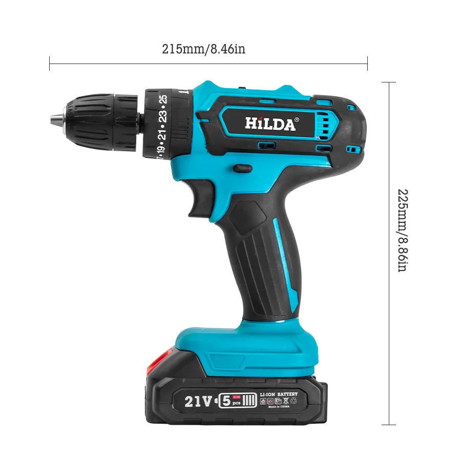 HILDA 21 Portable Cordless Drill Multifunction Electric Hand Drill Kits Industrial Rechargeable Lithium Electric Screwdriver Set