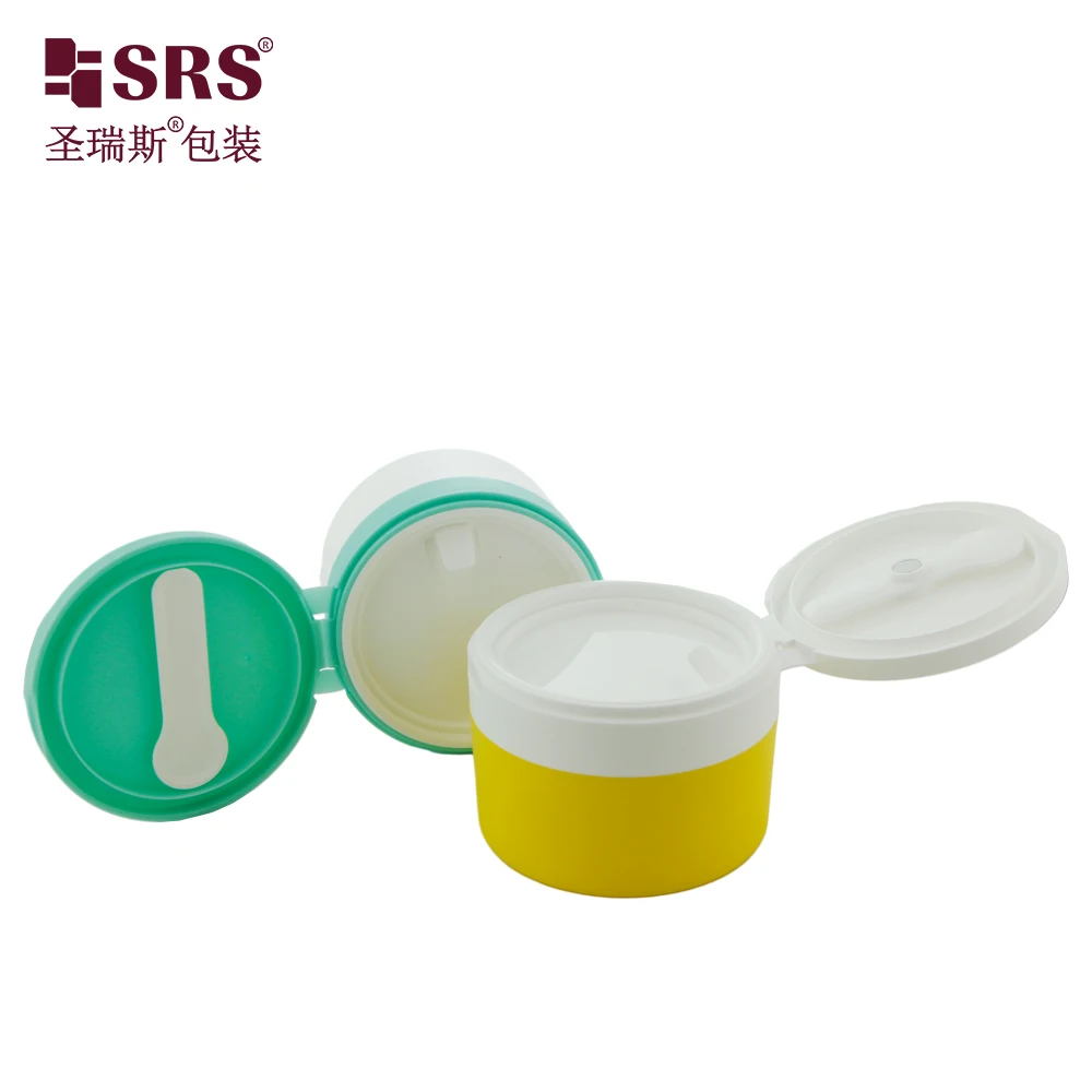 SRS1-120g Empty Round Shape Warm Yellow PP Plastic Jar with Flip Cap Jar Set With Spoon for Digging Face Cream Eye Cotton Pads
