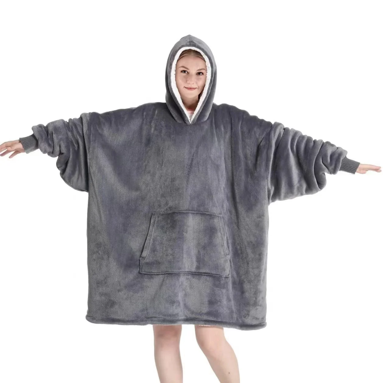 Ready to ship 2022 Wholesale hooded wearable fleece dark grey hoodie blanket for kids and adult sherpa oversized hoodie blanket