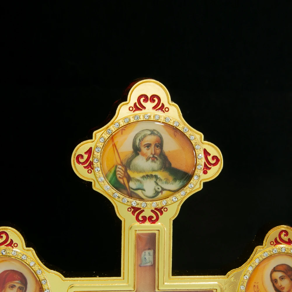 HT New Orthodox Jesus Crucifix With Mary Religion Character Icon Color Enamel Decor Bishop Prayer Handheld Cross Altar Cross