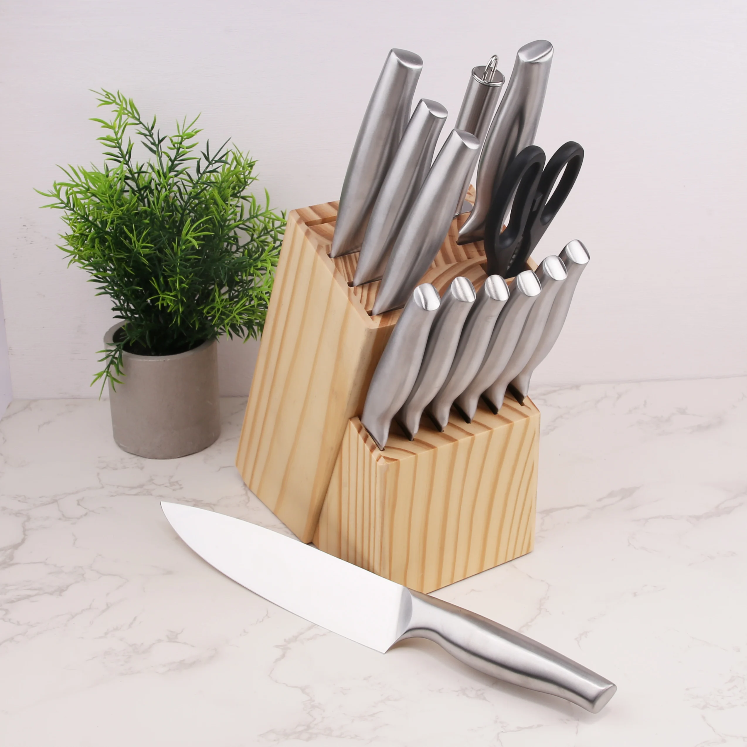 Top Seller 14 Pieces Kitchen Knives Stainless Steel Hollow Handle Self Sharpening Chef Kitchen Knife Set With Block