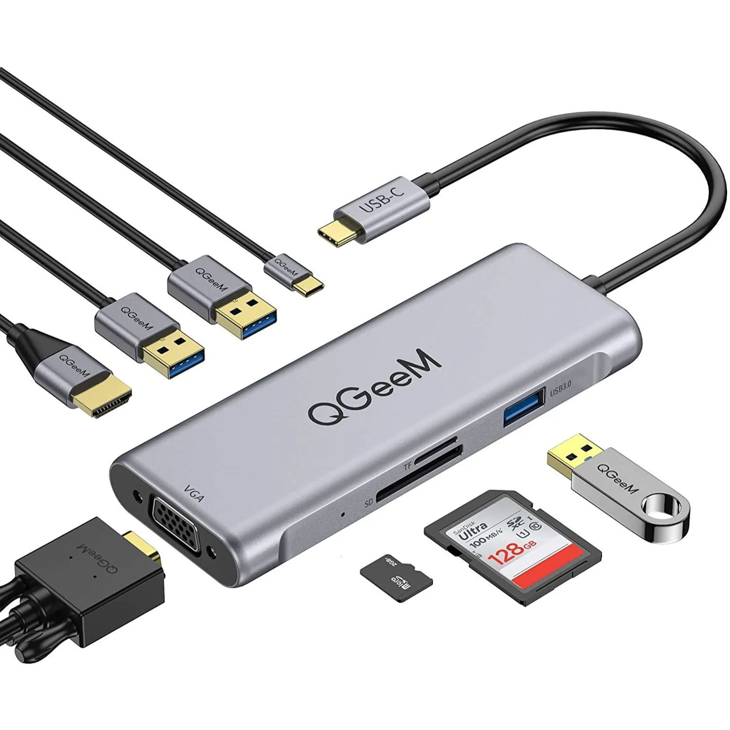 Портативный универсальный концентратор Type-C 3,1 HDMI 4K VGA кардридер двойной монитор док-станция QGeeM USB Type C концентратор 8 в 1 USB
