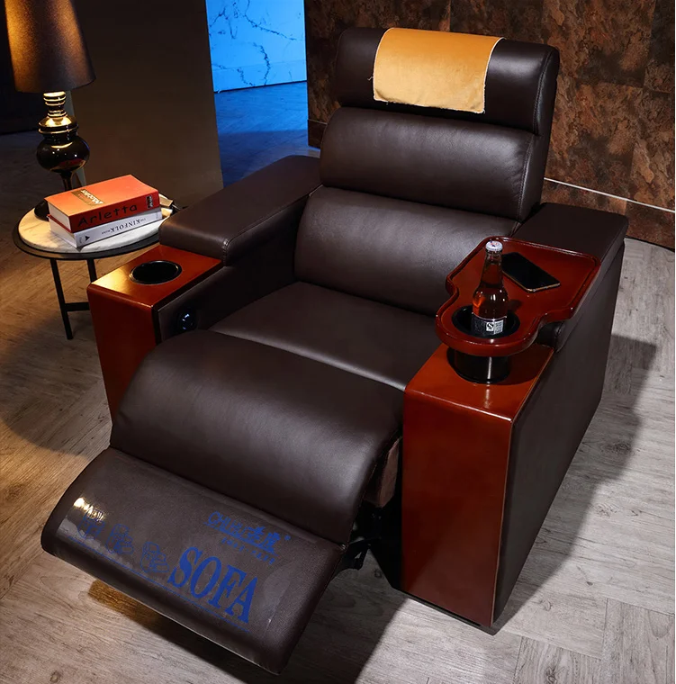 Современный Кожаный Электрический Диван для кинотеатра vip с дубовым лотком