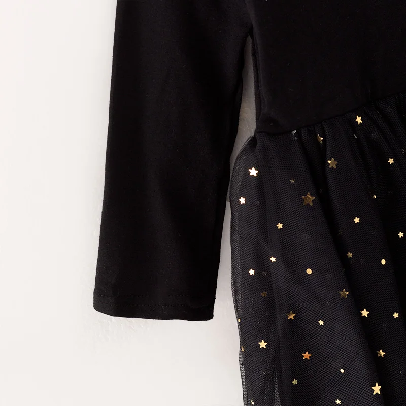 In Stock Ready to Ship Baby Kids Toddler Girls Fall Winter Black Cotton Bronzing Star Tulle Tutu Gauzy Dress