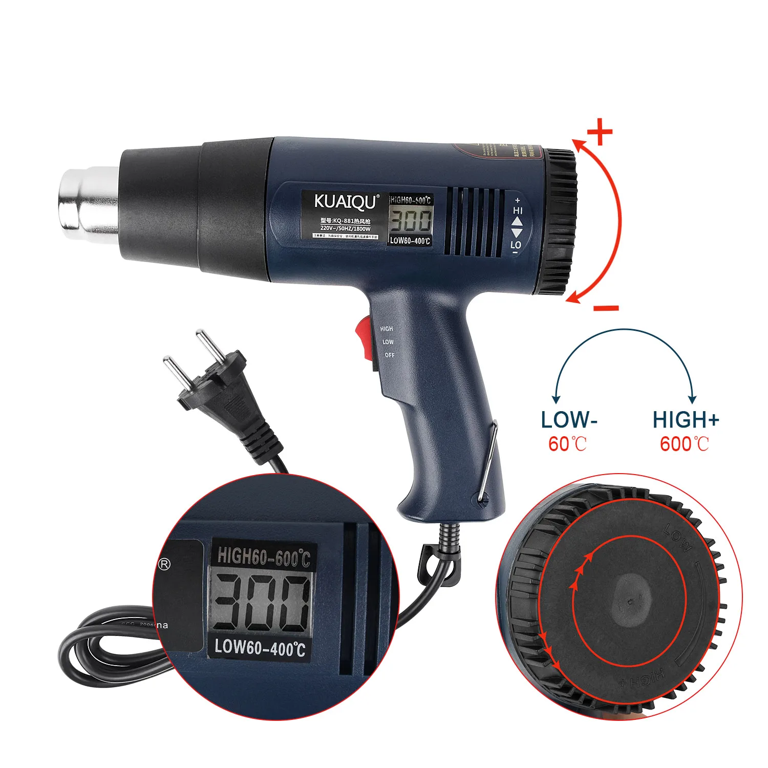 KQ881 60~600 1800W Digital LCD Display Portable Electric Heater Mobile Repairing Hot Air Soldering Gun With 7