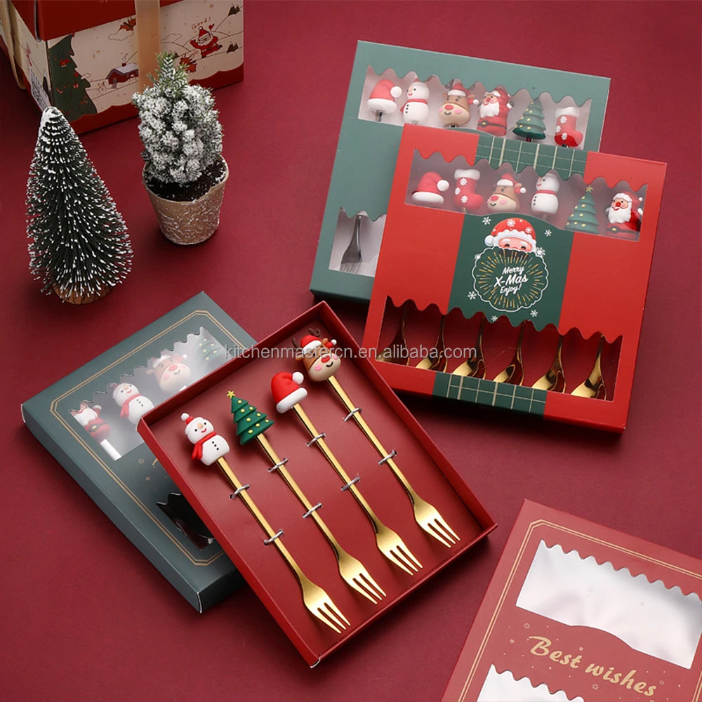 Factory Cheap Christmas 6 PCS Spoon Fork Stainless Steel Cutlery Set Dessert Coffee Tea Spoon Fork Set Gold Silver Flatware